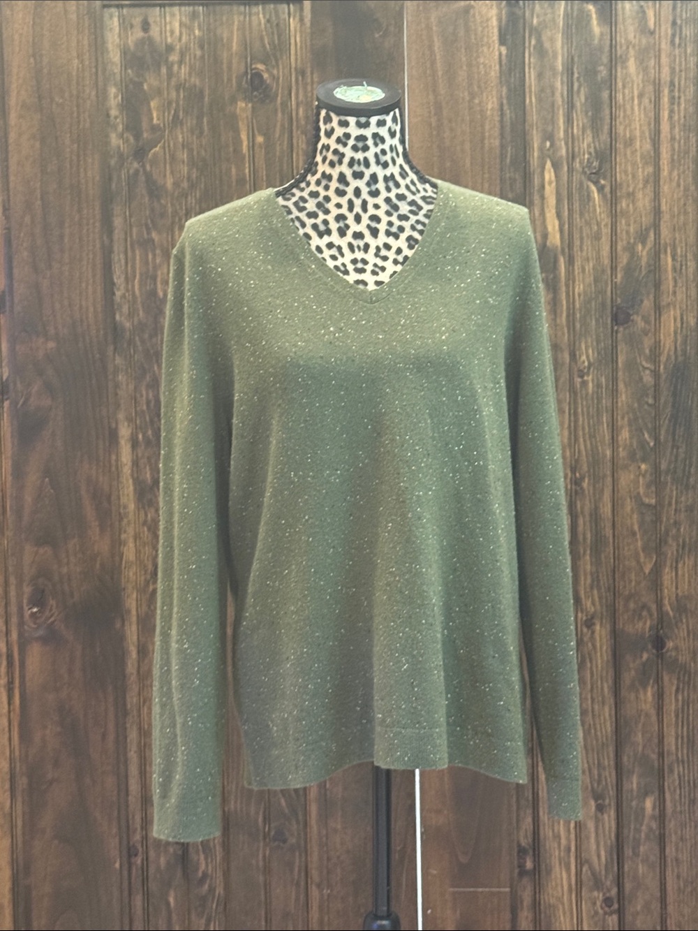Lands' End Olive Green V-Neck Sweater with Flecked Knit